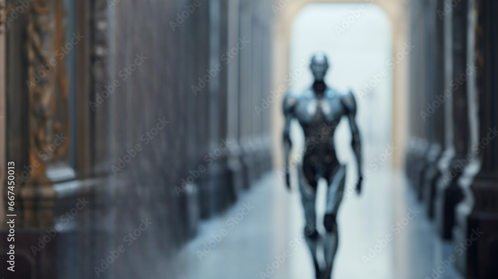 Futuristic Android Robot with a Metal Suit Emerges from the Blurred Background Futuristic Android Robot with a Metal Suit Emerges from the Blurred Background