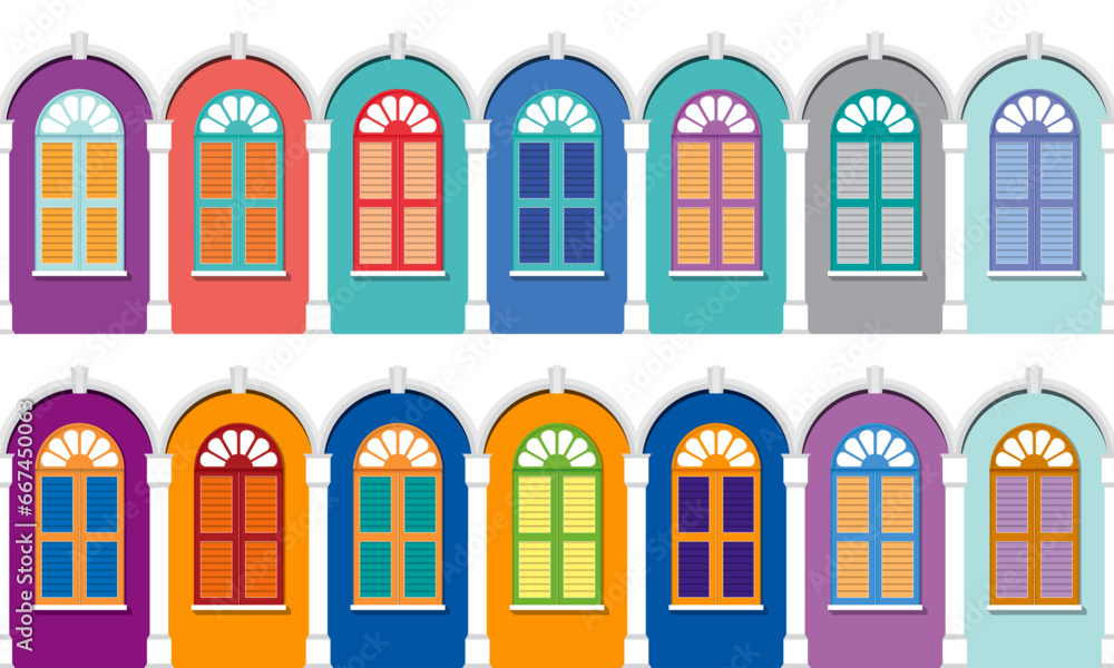Colonial style shop house's windows with multiple colour. Vector. Horizontal and vertical mode available.