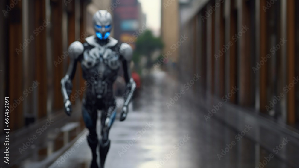 Futuristic Android Robot with a Metal Suit Emerges from the Blurred Background Futuristic Android Robot with a Metal Suit Emerges from the Blurred Background