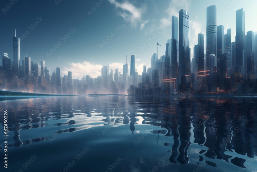 Fototapeta premium super futuristic cityscape with the city harbor in water reflections below generative ai
