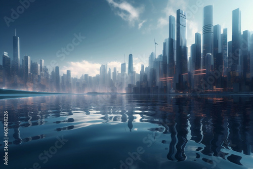 super futuristic cityscape with the city harbor in water reflections below generative ai © Tohamina