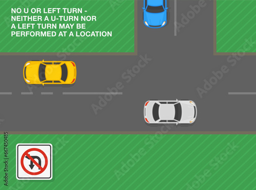 Safe driving tips and traffic regulation rules. Neither a u-turn nor a left turn may be performed. Top view of a junction road with traffic flow. Flat vector illustration template.