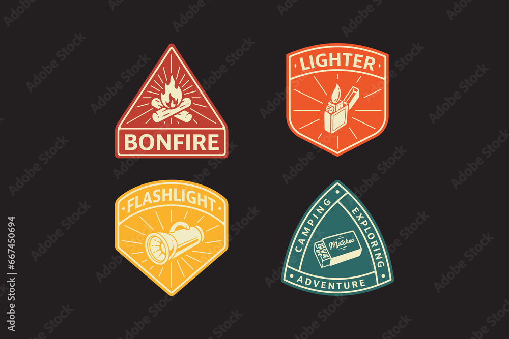 bonfire, lighter, flashlight, match badge logo vector collection for adventure and camping - obrazy, fototapety, plakaty 