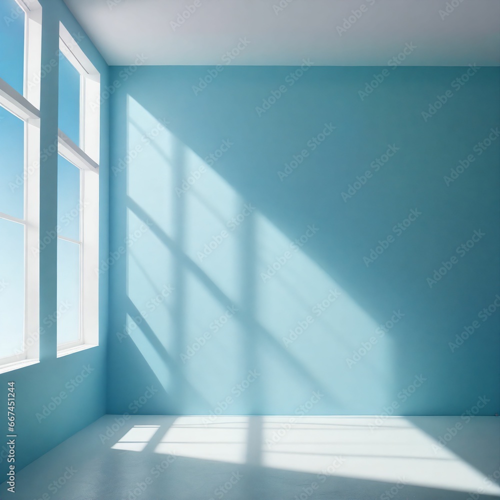 Fototapeta premium Minimal abstract background for product presentation. Shadow and light from windows on wall, AI Generated