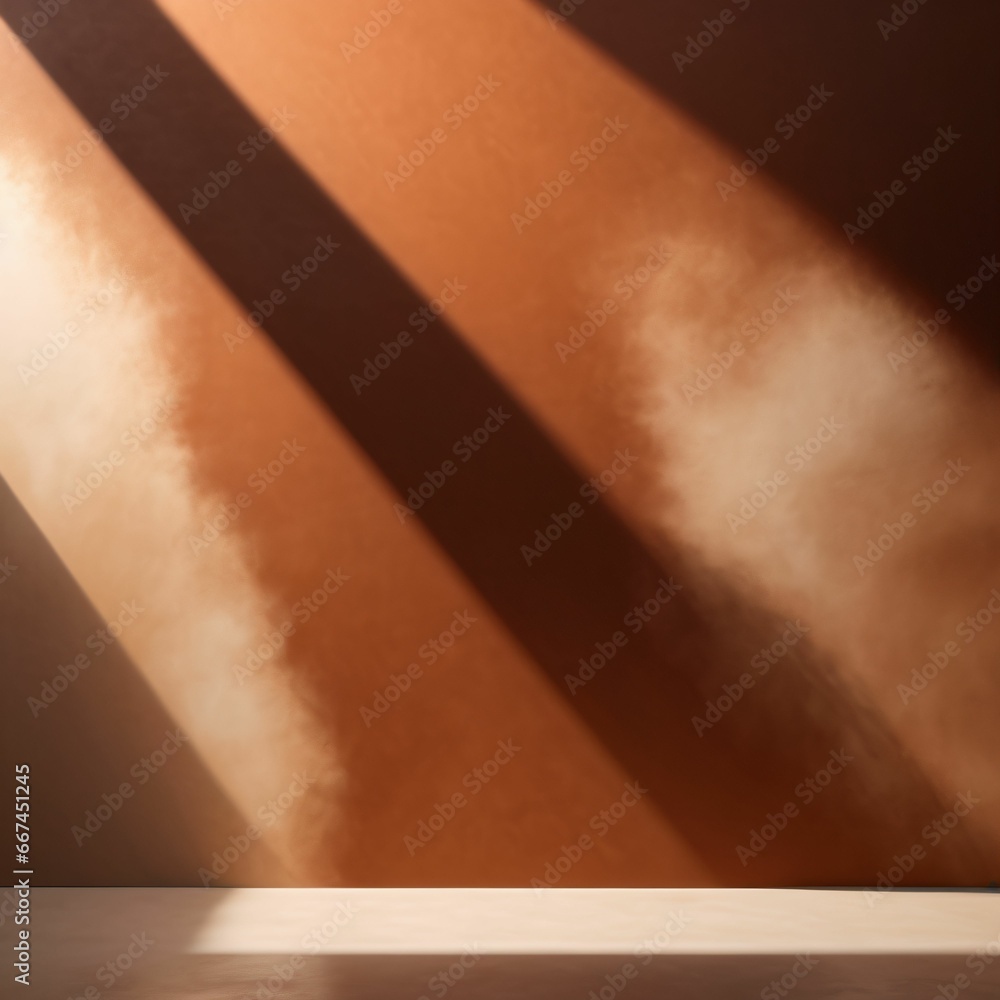 Fototapeta premium Minimal abstract Burnt Sienna background for product presentation. Shadow and light on wall, AI Generated