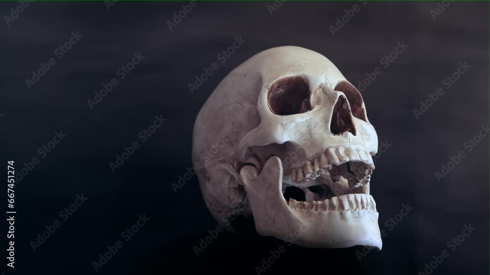 Human skull among thick smoke rotates on dark surface, black studio background. Skeletal system and human anatomy. Happy Halloween day. Human skull among thick smoke rotates on dark surface, black studio background. Skeletal system and human anatomy. Happy Halloween day.