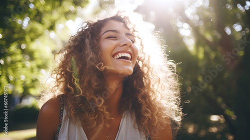 Portrait of young woman with curly hair standing outside in a park and laughing during sunny day