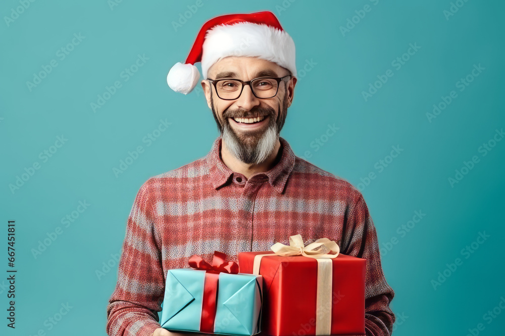 Cute trendy hipster man is ready for Christmas party. Santa hats. Cute trendy hipster man is ready for Christmas party. Santa hats.