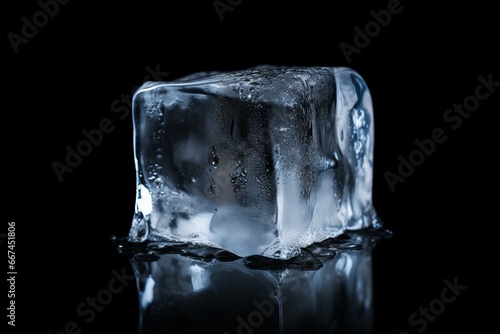 Crystal-clear ice cube shining against a pitch-black backdrop.