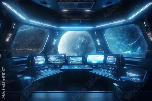 Futuristic spaceship control center and window facing to outer space generative ai © Tohamina