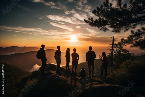 Silhouette of a group of friends standing on top of a mountain during sunset.
