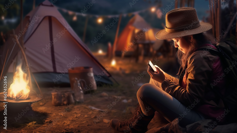 Fototapeta premium night camping smiling cute Thai woman using phone near fire and tent.