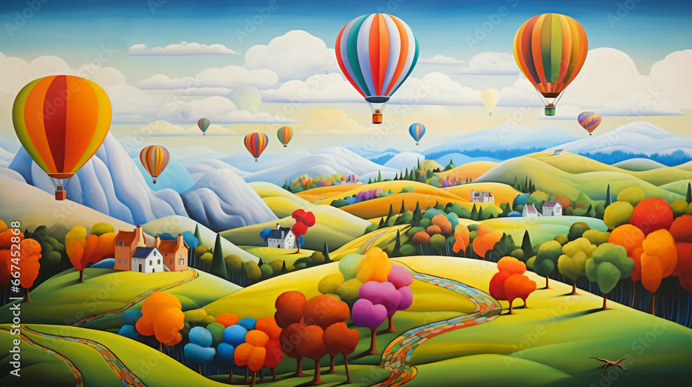 Fototapeta premium Chromatic Countryside Hot Air Balloons