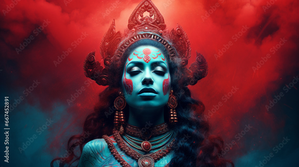 Indian Goddess With Red Smoke in the Background