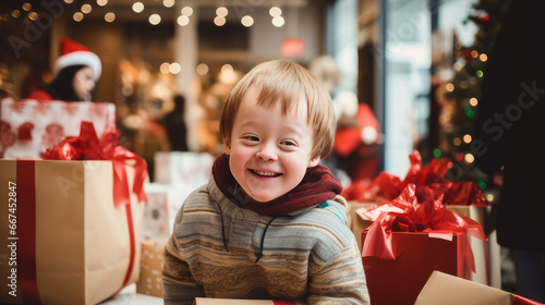 Smiling child with down syndrome with Christmas gifts in shopping bags at the mall. Christmas sale concept