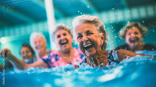 Active senior women in aqua fit class  joy and camaraderie