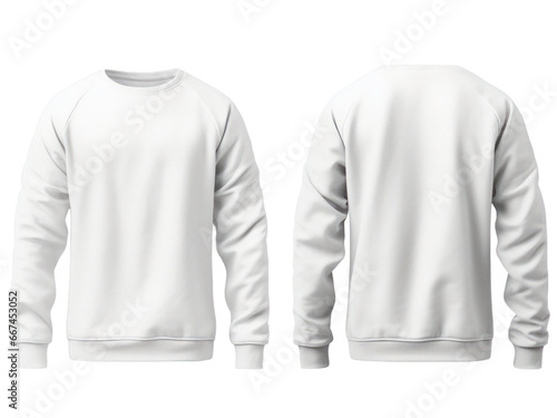 Set of white front and back view tee sweatshirt sweater long sleeve on transparent background cutout.