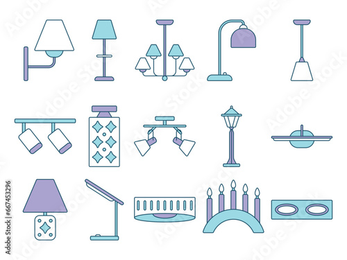 Lamp chandeliers sconces lighting colored flat icons