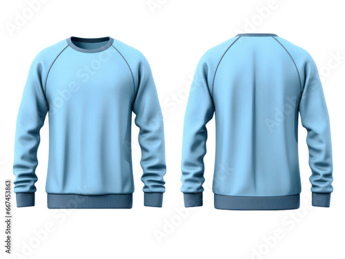 Set of blue front and back view t-shirt sweater long sleeve on transparent background cutout.