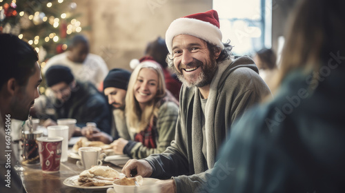 A positive homeless man sits at a table in a noisy homeless shelter cafeteria, surrounded by other people. Christmas concept