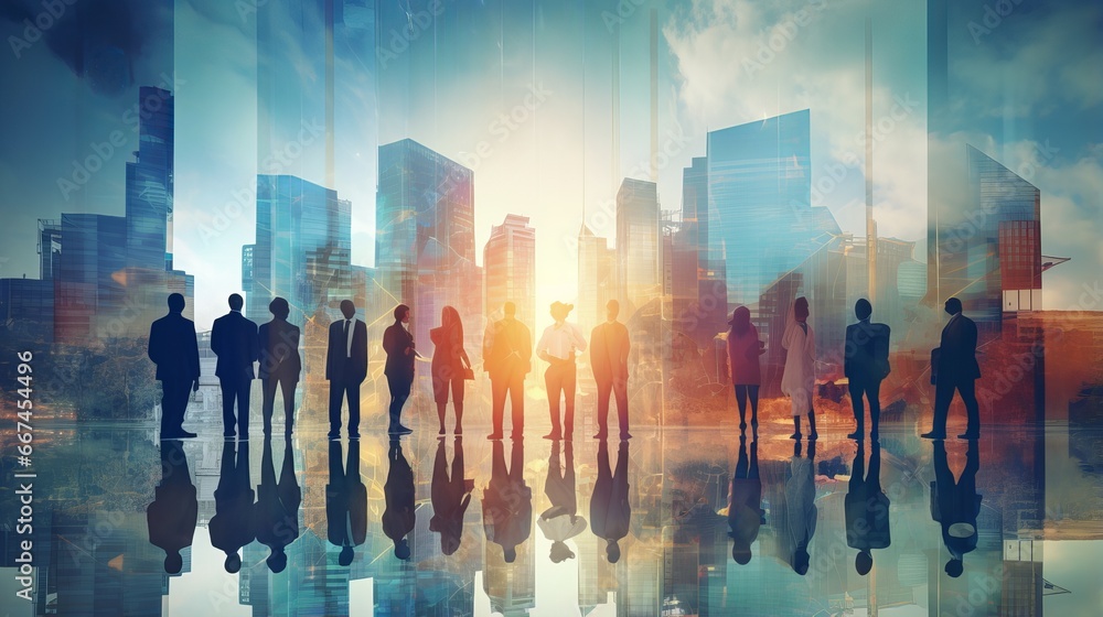 Successful Business Partnership: Double Exposure of Corporate Conference with City Office Background - Teamwork, Trust, and Agreement Successful Business Partnership: Double Exposure of Corporate Conference with City Office Background - Teamwork, Trust, and Agreement