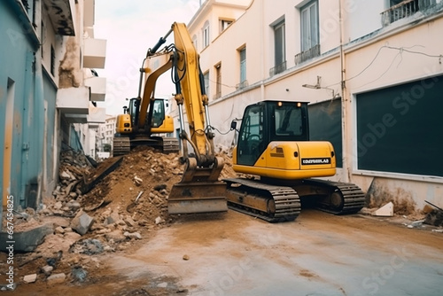 Two yellow excavators removes the debris from the damaged street generative ai
