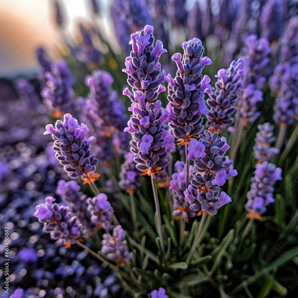Obraz premium Sunlit Serenity in a Lavender Field,close up of lavender flowers,lavender flowers in the garden