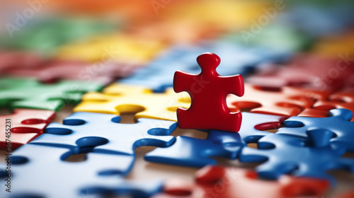 Colorful jigsaw puzzle pieces, close-up. Teamwork concept