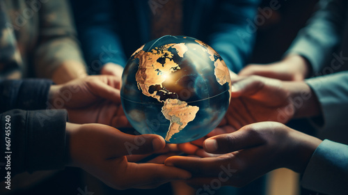 Close up of human hands holding Earth globe. Global business concept.