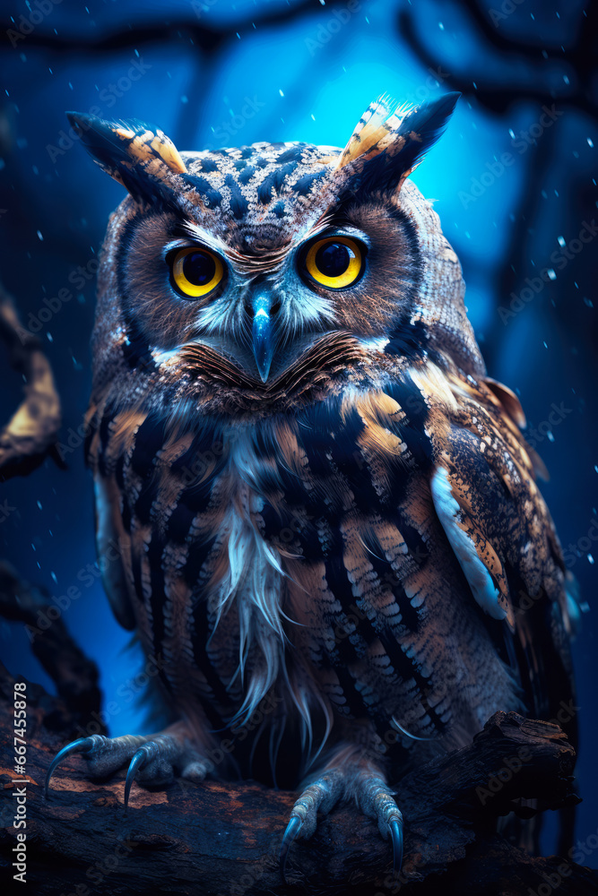 Great Horned Owl on the Branch of a Tree at Night
Great Horned Owl on the Branch of a Tree at Night