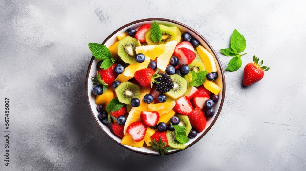 Healthy fruit mix on the concrete background copy space top view 