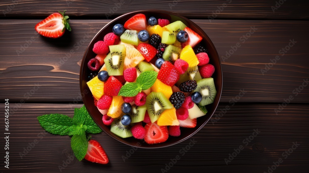Healthy mix fruit top view on wood background with copy space 