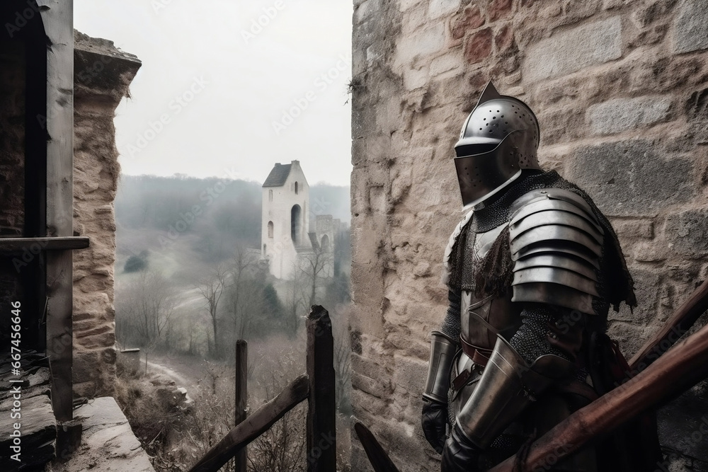 Fototapeta premium Knight in steel armor standing in old ruined castle generative ai