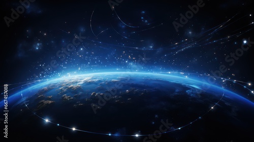 Planet earth from the space at night shining blue light 