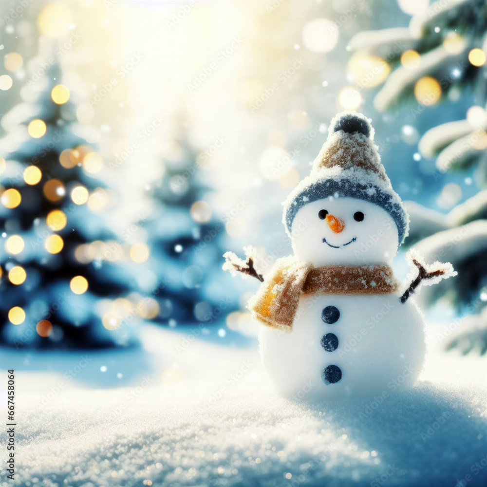 Happy snowman in snowy forest.