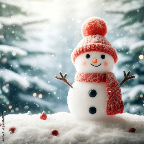 Happy snowman in snowy forest. © 2D_Jungle