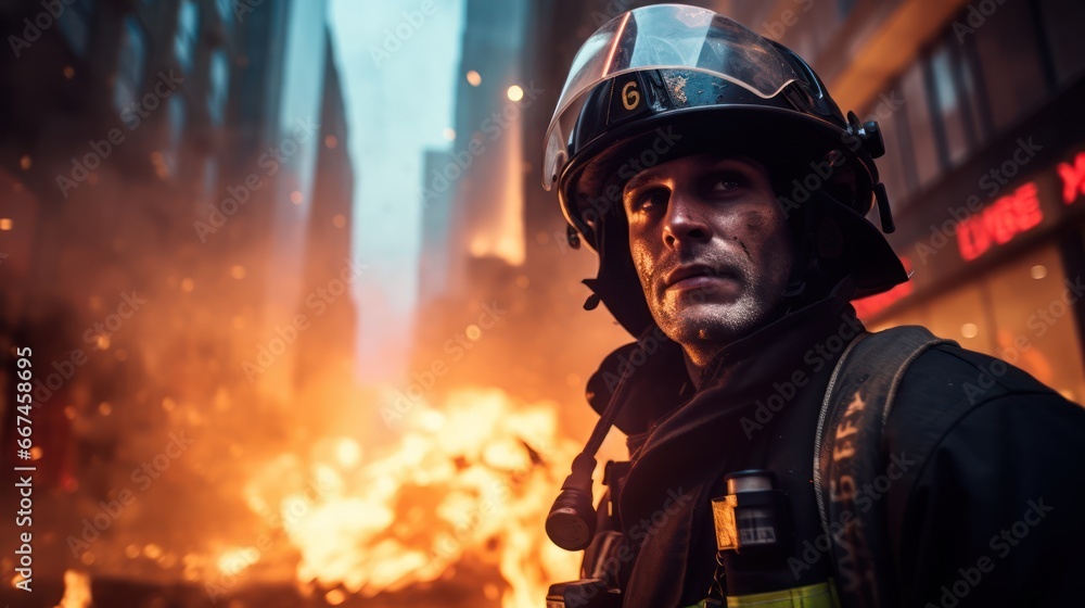 Portrait of dirty firefighter man on duty with fire truck in background at night, looking at camera.