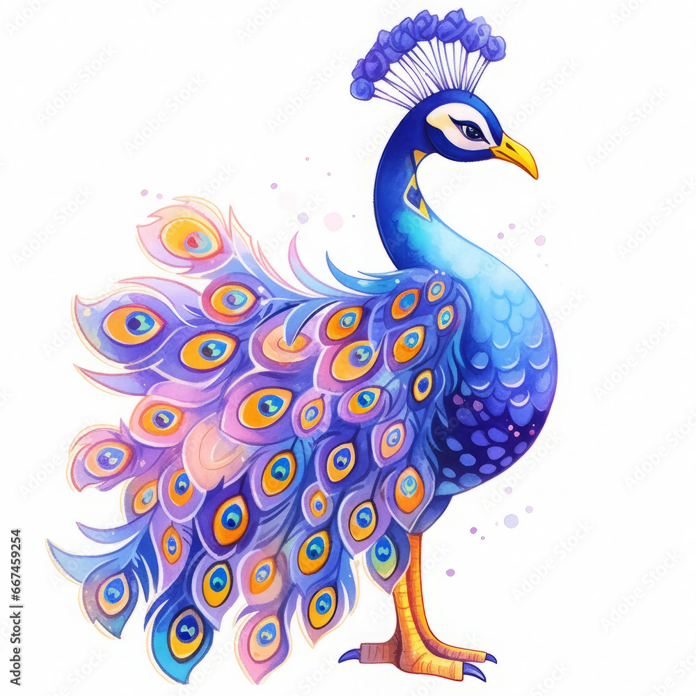 Peacock Watercolor illustration Isolated on white background