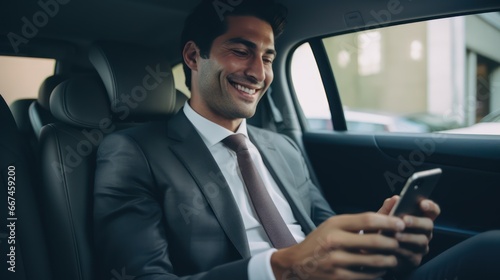 Smiling Caucasian businessman in formal wear using smart phone while sitting in his car on parking lot. © kimly