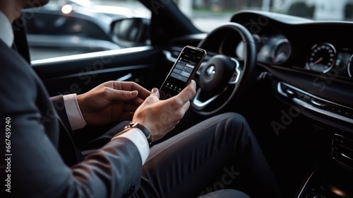 Closeup of professional successful businessman hand using smartphone in modern car  photo
