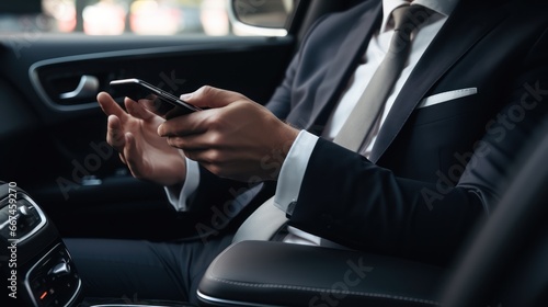Closeup of professional successful businessman hand using smartphone in modern car  © kimly