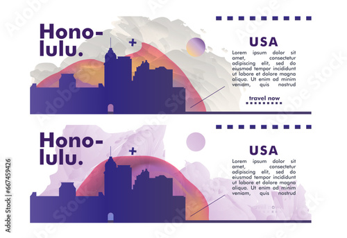 USA Honolulu city banner pack with abstract shapes of skyline, cityscape, landmark. Hawaii travel vector horizontal illustration layout set for brochure, website, page, presentation, header, footer