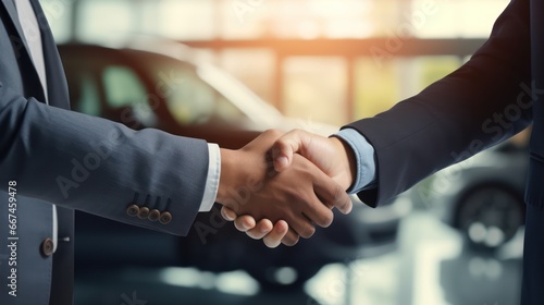 Car dealer shaking hands with customer in car shop