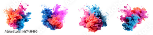 Set of blue pink orange acrylic ink colored smoke watercolor splashes, Abstract background. Color explosion elements for design, isolated on white and transparent background