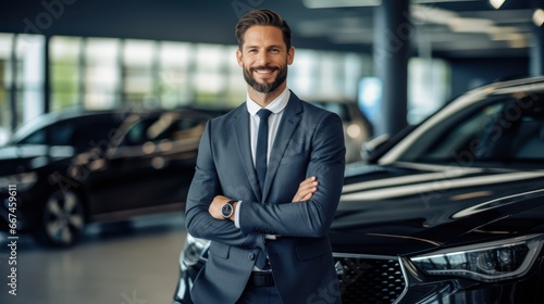 Successful businessman standing in front of modern car 