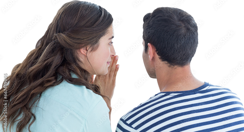 Digital png photo of diverse couple wshispering with hand on face on transparent background Digital png photo of diverse couple wshispering with hand on face on transparent background