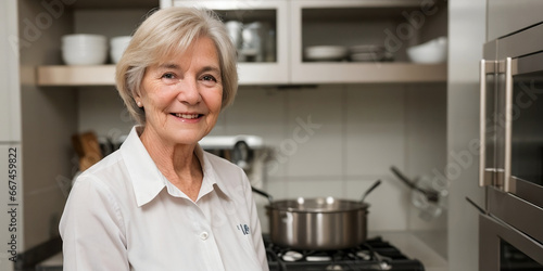Portrait of a happy senior woman in the kitchen, beautiful kitchen background with copy space