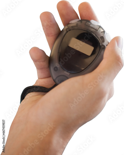 Digital png photo of caicasian male hand holding stopwatch with copy space on transparent background photo