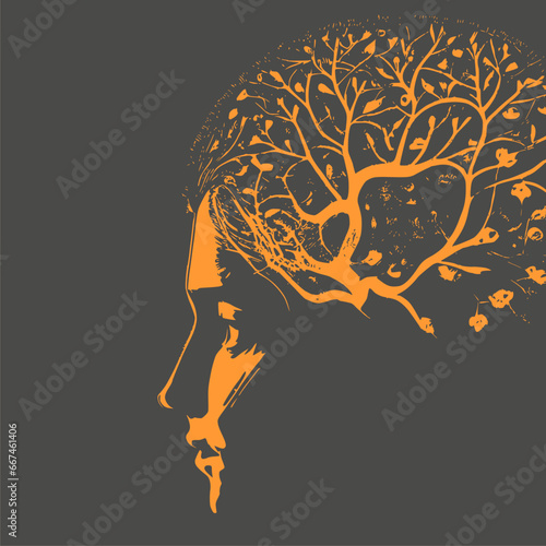 Psychotherapy, stress and psychosis. A woman head in profile with a tangle of nerves, scribbles. Active mental, intellectual and thinking. Intelligence and knowledge development with brain performance