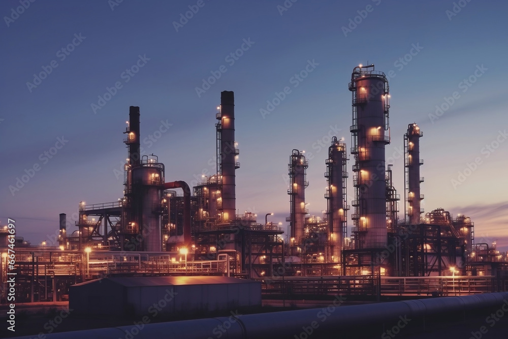 Fototapeta premium Large refinery complex with pipelines at dawn generative ai